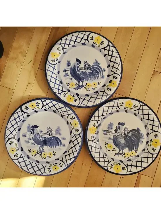 Rooster Dinner Plates Blue White Yellow Flower Spring 10 1/4" Bella Casa By Ganz - Picture 4 of 10